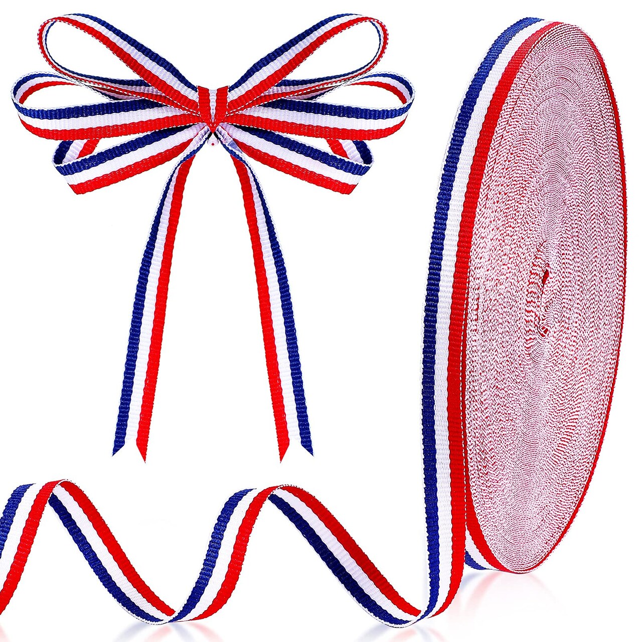 Red White Blue Striped Grosgrain Ribbon Use for Memorial Day Gift Wrapping, Party Decoration, DIY Crafting and Sewing (3/8 Inch x 50 Yard, Red, White, Blue)